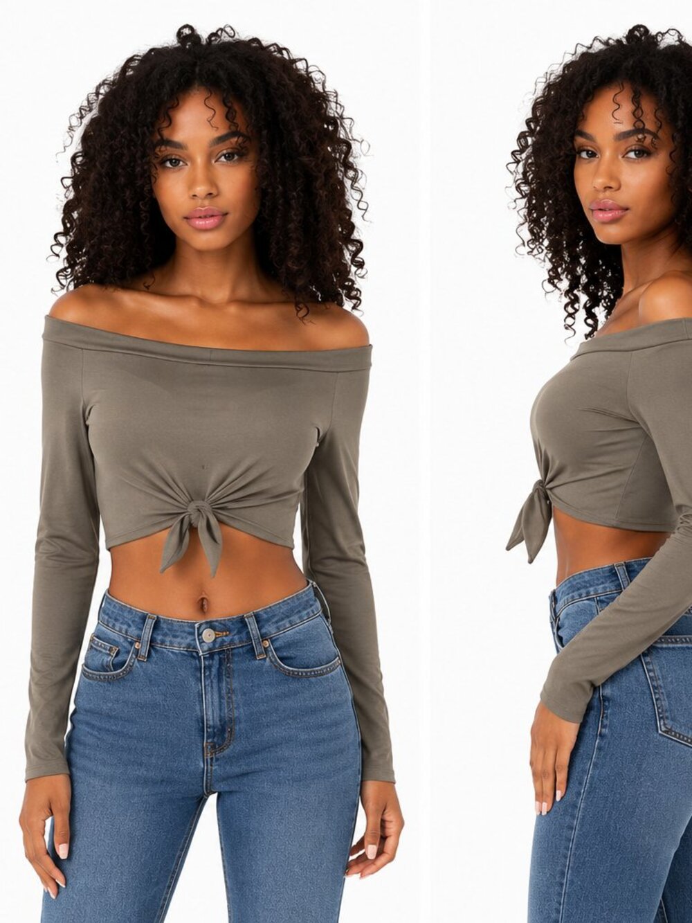 Off Shoulder Tie Front Crop Top